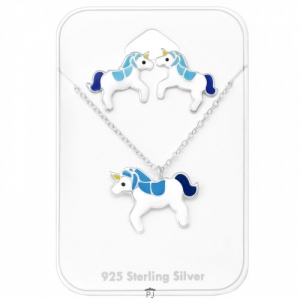 Zilveren set eenhoorn blauw met ketting en oorbellen.